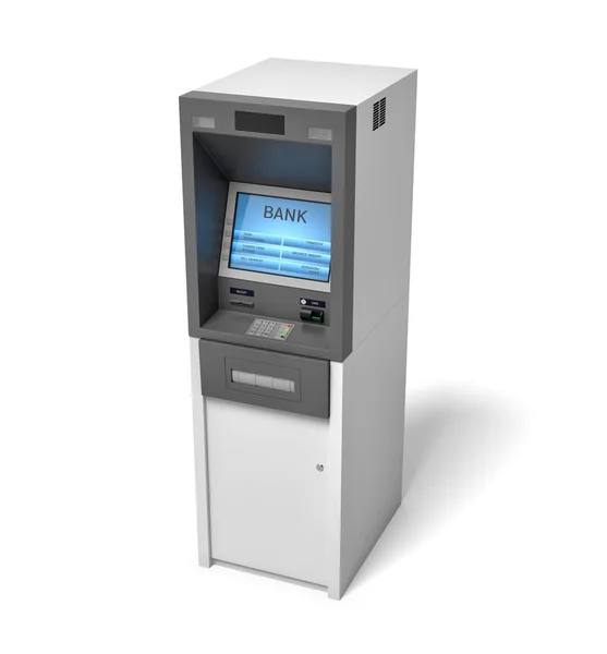 3d renderização de um banco isolado máquina ATM com uma tela azul iluminada no fundo branco . — Fotografia de Stock