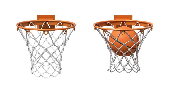 3D-rendering av två basket nät med orange fälgar, en tom och en med en boll faller släpper. — Stockfoto