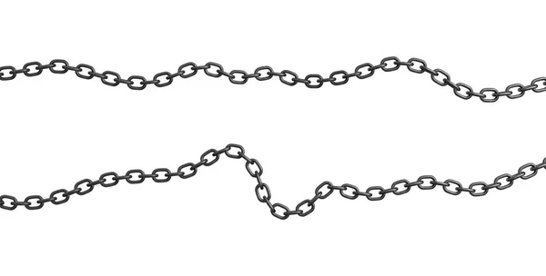 3d візуалізація двох смуг металевих ланцюгів, що лежать закрученими на білому тлі . — стокове фото