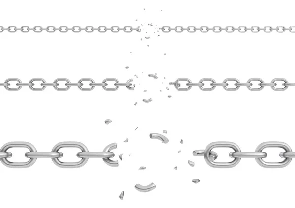 Representación 3d de tres partes de cadenas metálicas con diferentes espesores rotos en sus centros . — Foto de Stock