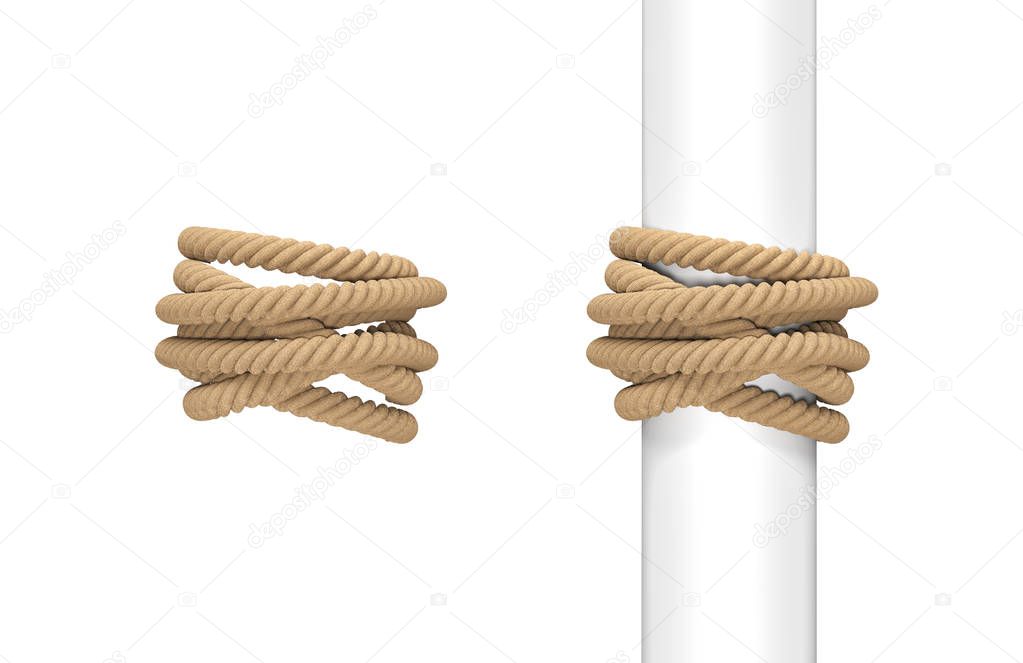 3d rendering of two pieces of natural rope wound around a post and around empty space.