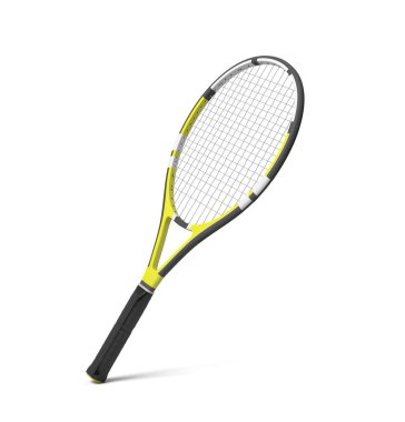 siyah ve sarı çizgili bir profesyonel tenis raket 3D render.