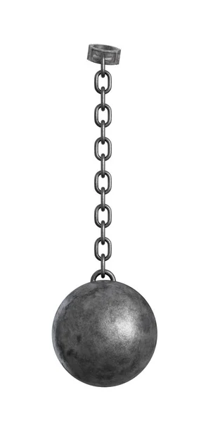 3d rendering of a heavy iron ball connected with a chain to a round shackle. — Stock Photo, Image