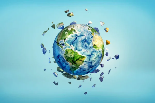 3D-rendering van Earth globe verpletterd in kleine stukjes met de gebarsten delen weg vliegen. — Stockfoto