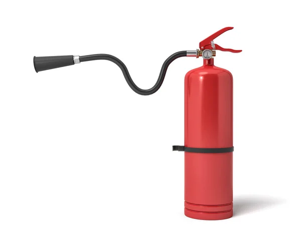 3d rendering of a single red fire extinguisher with its hose lifted up the nozzle pointed straight. — Stock Photo, Image