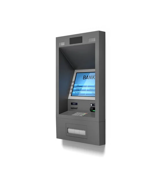 3D-Rendering eines Geldautomaten mit blauem Bildschirm auf weißem Hintergrund. — Stockfoto