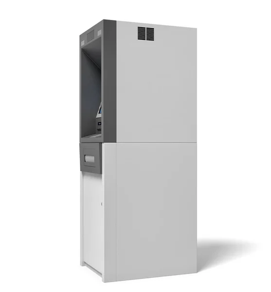 3d renderização de um banco isolado máquina ATM com uma tela azul iluminada no fundo branco . — Fotografia de Stock