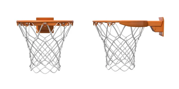 Rendu 3d de deux filets de basket avec cerceaux orange en vue avant et latérale . — Photo