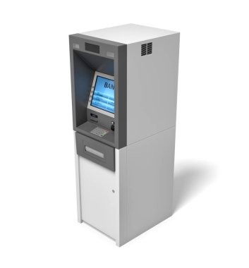 bir izole banka ATM beyaz arka plan aydınlatılmış mavi ekranda ile 3D render.