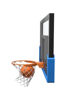 3D render şeffaf boyunluk bağlı bir sepet içinde düşen bir basketbol topu.