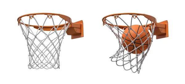 3D-weergave van twee basketbal netten met oranje hoepels, een leeg en één met een bal vallen binnen. — Stockfoto