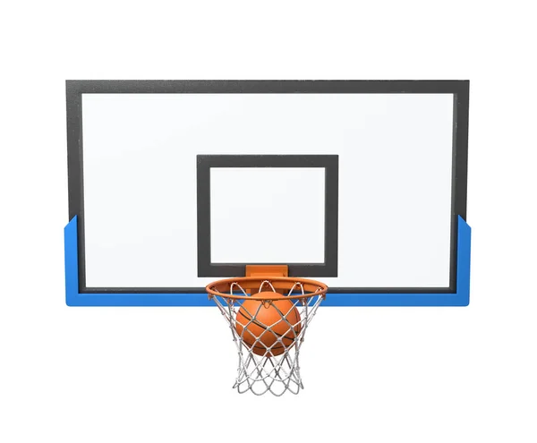 3D-Darstellung eines Basketballballs, der in einen Korb fällt, der an einem transparenten Backboard befestigt ist. — Stockfoto