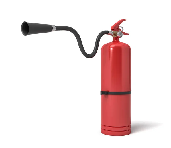 3d rendering of a single red fire extinguisher with its hose lifted up the nozzle pointed straight. — Stock Photo, Image