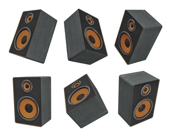 Rendu 3d de six grands haut-parleurs de musique noir et orange suspendus dans des vues différentes sur un fond blanc . — Photo