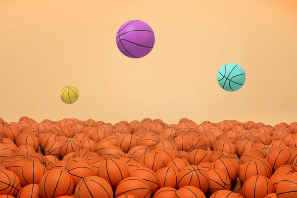 3d rendering of three differently colored basketball balls flying and jumping over an endless field of identical orange balls.