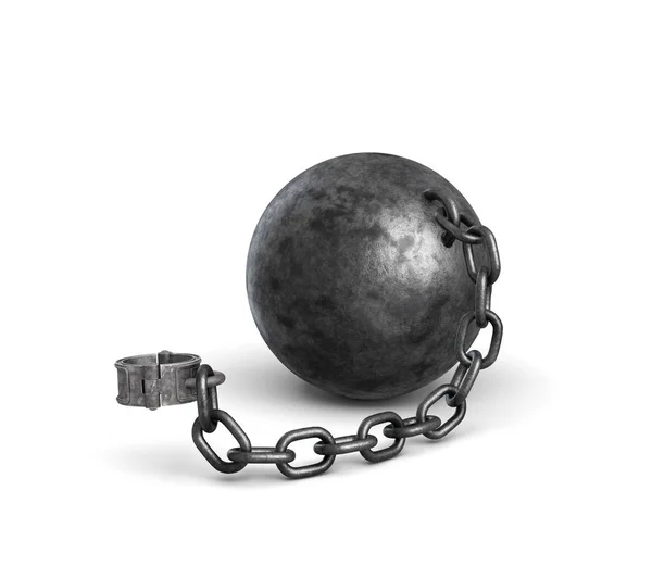 Rendering 3d di una palla di ferro sdraiata attaccata a un grillo con una forte catena . — Foto Stock