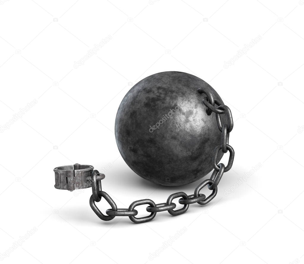 3d rendering of a lying iron ball attached to a shackle with a strong chain.