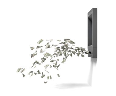 bir duvar banka ATM yeşil banknot dışarı uçan ile 3D render.
