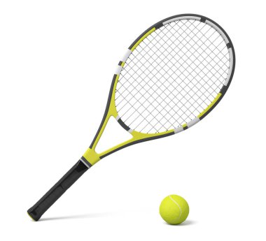 3D render ile yalan bir tek tenis raketi bir sarı top beyaz arka plan üzerinde.