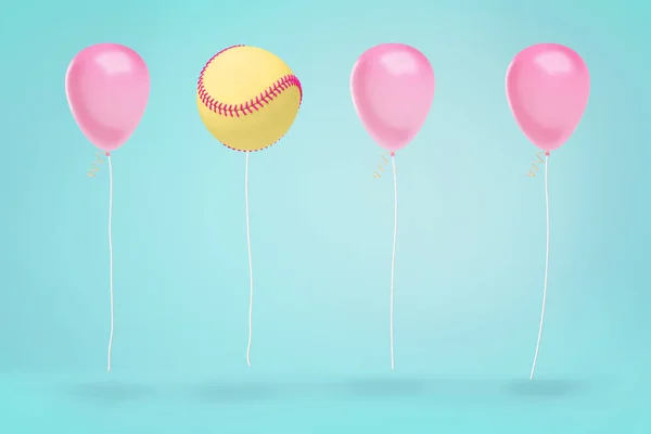 大きな黄色い野球ボールの 3 d レンダリングを青の背景にいくつかのピンクの風船の行に置いた. — ストック写真