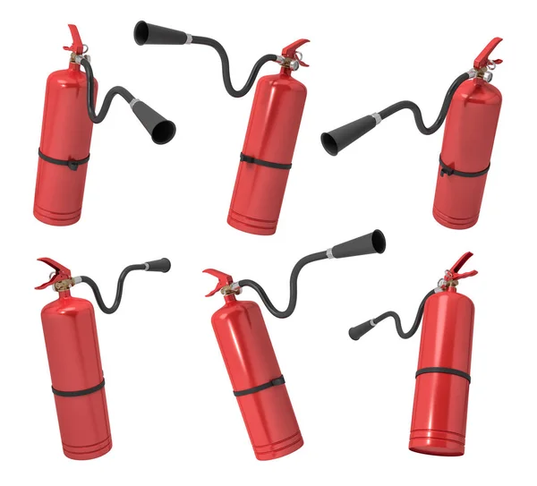 3D-Rendering mehrerer neuer Feuerlöscher mit Schläuchen und Düsen in unterschiedliche Richtungen. — Stockfoto