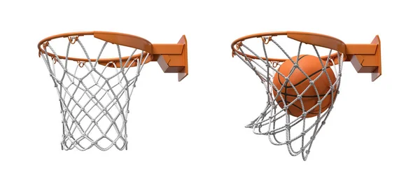 3d representación de dos redes de baloncesto con aros naranjas, una vacía y otra con una bola cayendo dentro . — Foto de Stock
