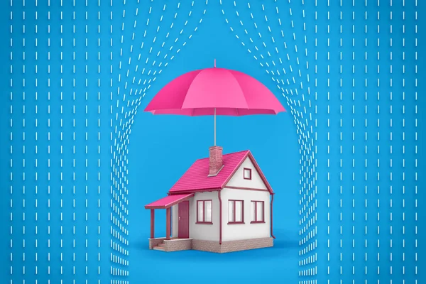 3D rendering mały dom rodzinny stoi duży otwarty różowy parasol, który chroni dom od kresek symboliczne biały deszcz. — Zdjęcie stockowe