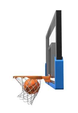 3D render şeffaf boyunluk bağlı bir sepet içinde düşen bir basketbol topu.