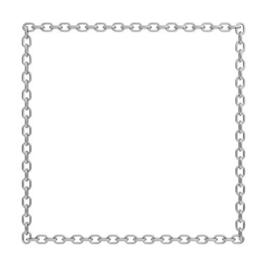 beyaz bir arka planda büyük bir kare şeklinde yalan bir cilalı çelik zincir 3D render. Zincir çerçeve. Metal sınır. Sınırlı alanlarda.