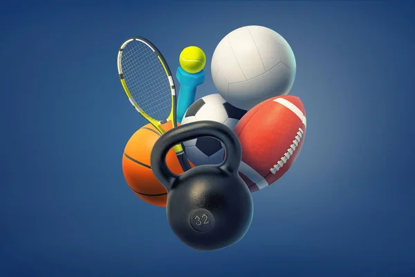 Renderowania 3D, kettlebell, hantle, piłek, futbol amerykański, tenis, koszykówka, siatkówka i piłka nożna na niebieskim tle. — Zdjęcie stockowe