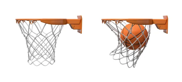 3d rendering of two basketball nets with orange hoops, one empty and one with a ball falling inside. — Stock Photo, Image