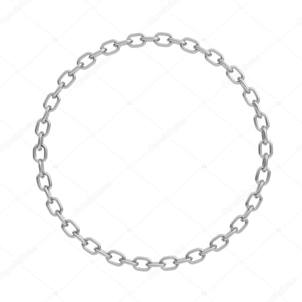 3d rendering of a polished steel chain made in shape of a perfect circle on a white background.