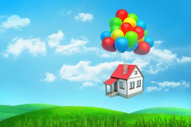 Birçok renkli balon üzerinde yeşil bir alanın üzerine asılı kırmızı çatılı bir yazma ev 3D render uçar.