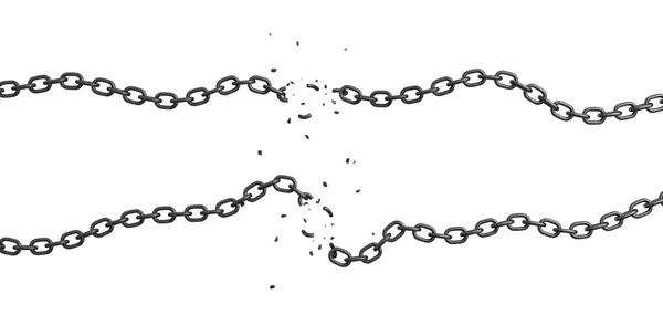 3D-rendering av två strängar av kedjan ligga böjda på en vit bakgrund med deras länkar brutna och flygande ut. T — Stockfoto