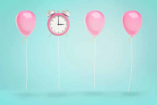 3d rendering a row of pink balloons floating with ribbons below and one retro alarm clock on the same ribbon among them. — Stock Photo, Image