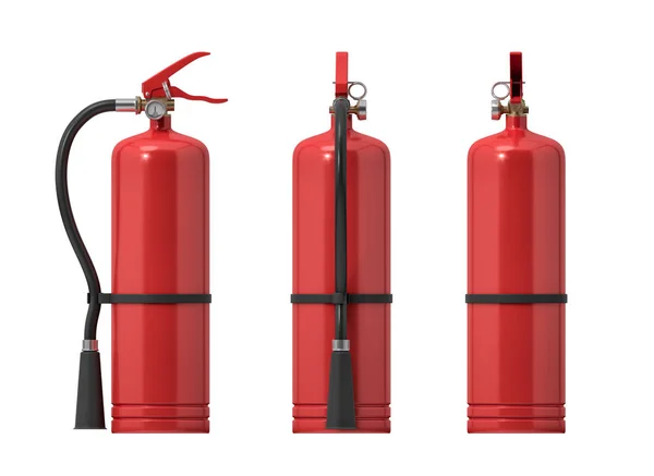 3D-rendering av flera röda brandsläckare på vit bakgrund. — Stockfoto