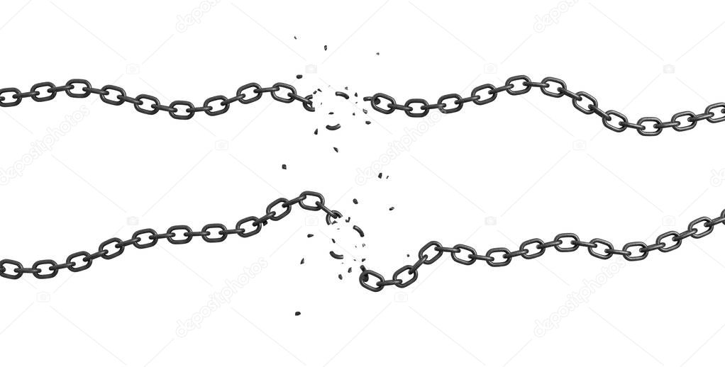 3d rendering of two strings of chain lying curled on a white background with their links broken and flying out. T