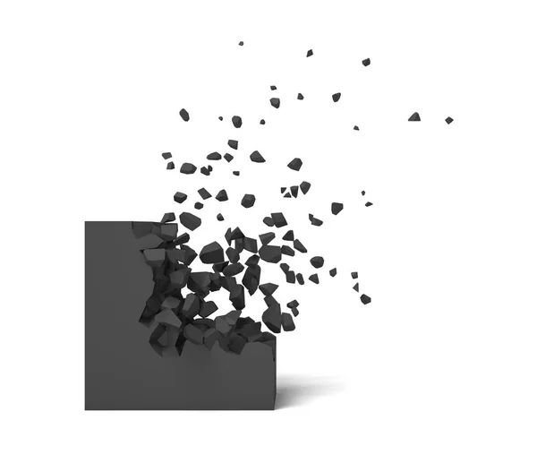 3D-weergave van een zwart vierkantje op een witte achtergrond begint te krijgen vernietigd stuk voor stuk. — Stockfoto