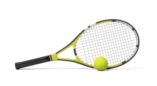 3D-rendering en enda tennisracket liggande med en gul boll på vit bakgrund. — Stockfoto