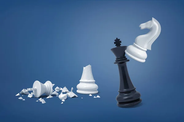 3d renderização de branco xadrez cavaleiro bate um preto rei perto quebrado pedaços de um branco rei . — Fotografia de Stock