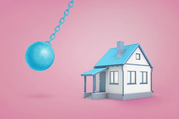 Renderowania 3D duży niebieski żelaza wrecking ball gotowy wobec uderzyć mały niebieski dom rodzinny na różowym tle. — Zdjęcie stockowe