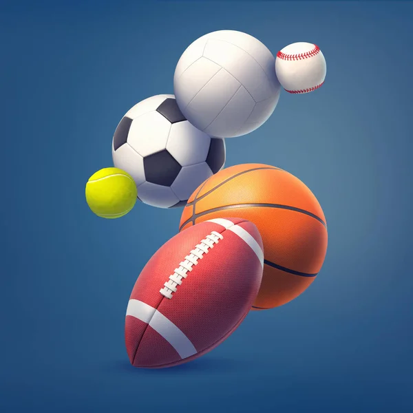 Renderowania 3D zbiór kilku kulki gry sportowe takie jak piłka nożna, piłka nożna i tenis, latanie na ciemnym tle niebieski. — Zdjęcie stockowe