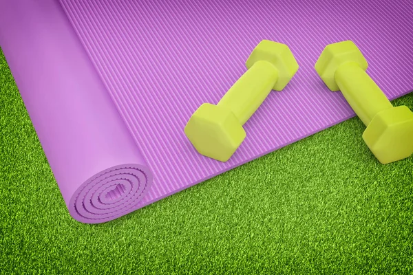 3d rendering of set of two yellow dumbbells lies on a violet rubber mat on a grass background. — Stock Photo, Image