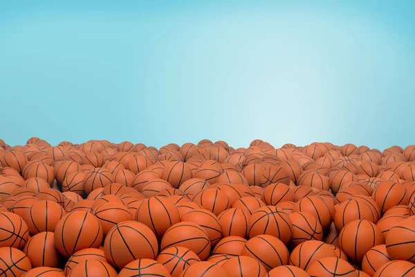 3d representación de un montón interminable de bolas de baloncesto naranja con rayas negras que yacen en un montón sobre un fondo azul . —  Fotos de Stock