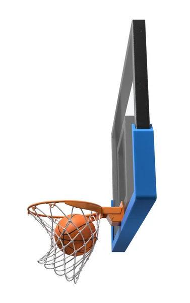 3d rendering of a basketball ball falling inside a basket attached to a transparent backboard. — Stock Photo, Image