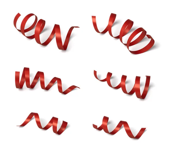 3d rendering of many red gift ribbons hanging curled at a white background. — Stock Photo, Image