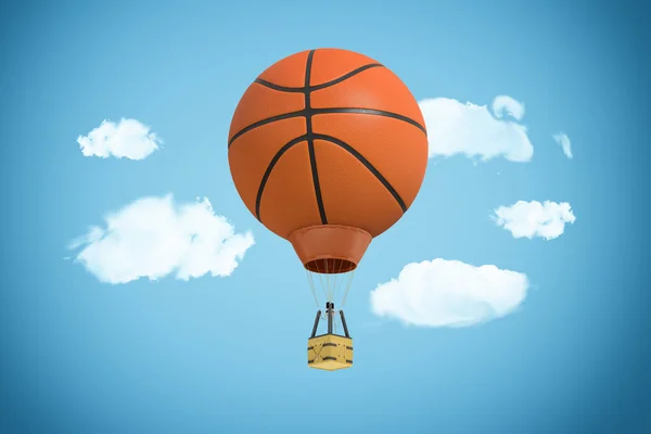 3d representación de gran bola de baloncesto naranja utilizado como un dosel para un globo de aire caliente que vuela en el cielo nublado . — Foto de Stock
