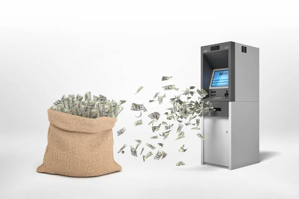 3d rendering of large money bag stands near a small bank ATM machine with dollar bills flying between them.
