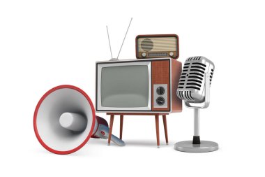 3D render birkaç izole vintage ekipman parçaları: bir megafon, televizyon, radyo ve bir mikrofon.