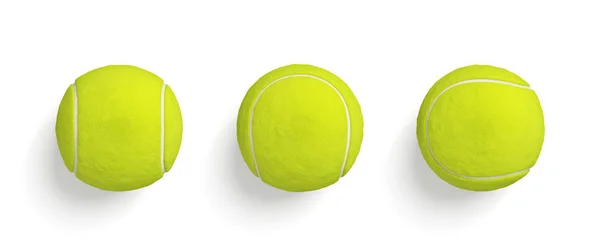 Rendu 3d de boules de tennis jaune vif similaires suspendues sur fond blanc en vue de dessus . — Photo